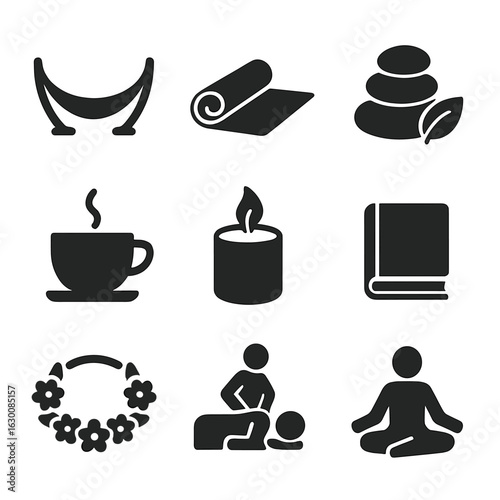 Relaxation Icons Grid. Solid, filled icons set of Relaxation and wellness on Spring break: hammock, yoga mat,