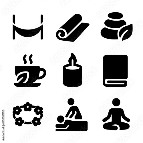 Relaxation Icons Grid. Solid, filled icons set of Relaxation and wellness on Spring break: hammock, yoga mat,