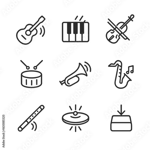 Musical Instrument Icons. Outline icon set of musical instrument noise: guitar strumming, piano keys, violin bow, drumbeat,
