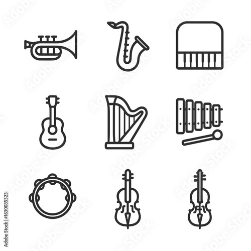 Musical Instrument Icons. Outline icon set of melody in instruments: trumpet, saxophone, piano, guitar, harp, xylophone,