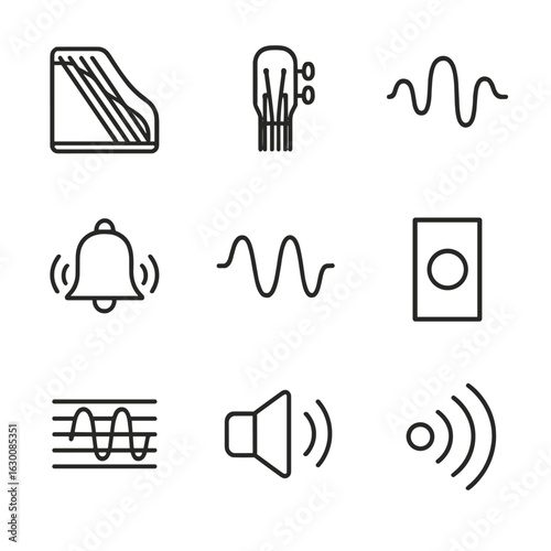 Musical Resonance Icons. Outline icon set of musical resonance: piano strings, guitar tuning, sound waves, bell chime, harmonic