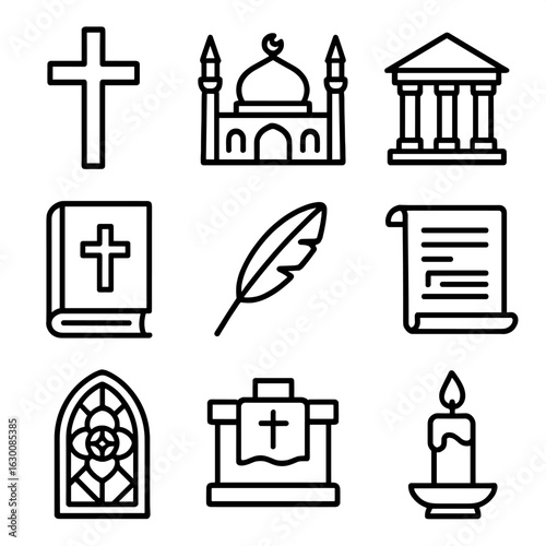 Religious Art Icons. Outline icon set of the role of religion in the arts and literature: cross, mosque,