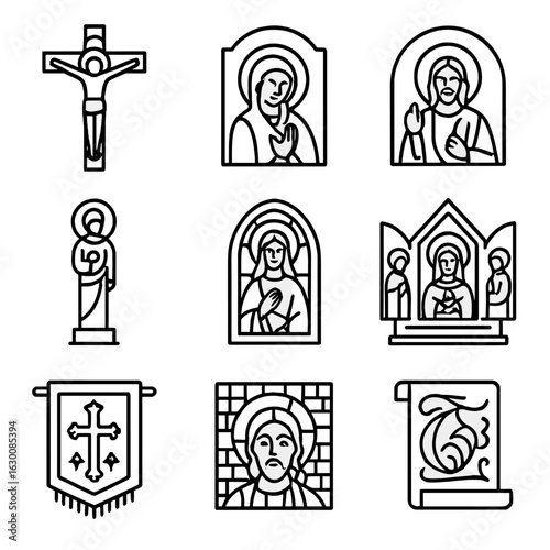 Religious Art Icon Set. Outline icon set of famous religious artworks: crucifix, icon painting, fresco,