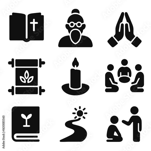 Religious Morality Icons. Solid, filled icons set of religious and cultural morality: sacred text icon,