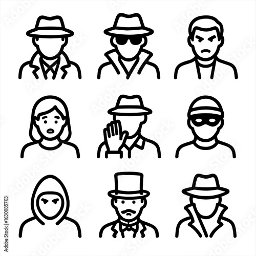 Mystery Character Icons. Outline icon set of mystery suspects and characters: detective, spy, villain, witness, informant, thief,