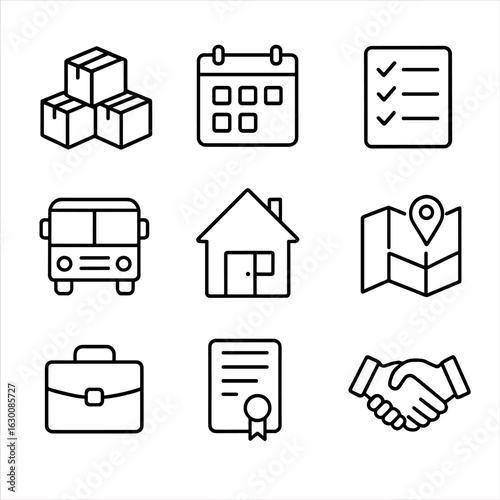 Relocation Assistance Icons. Outline icon set of relocation assistance: moving boxes, calendar, checklist, bus