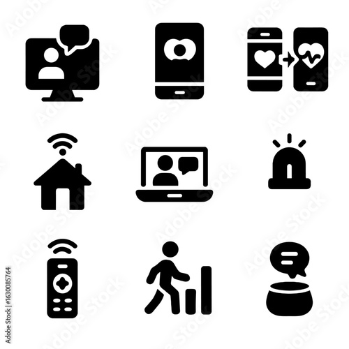 Remote Assistance Icons. Solid, filled icons set of Remote assistance and monitoring: video call device,