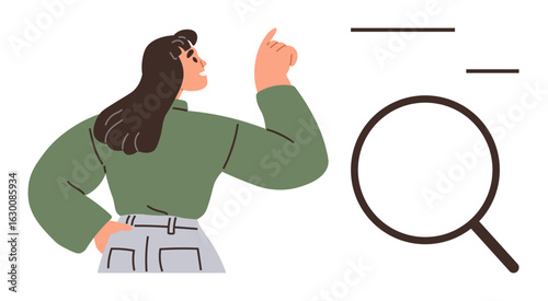 Woman pointing upwards beside a magnifying glass, representing search, research, exploration. Ideal for analysis, discovery, problem-solving, direction decision-making progress. Simple flat