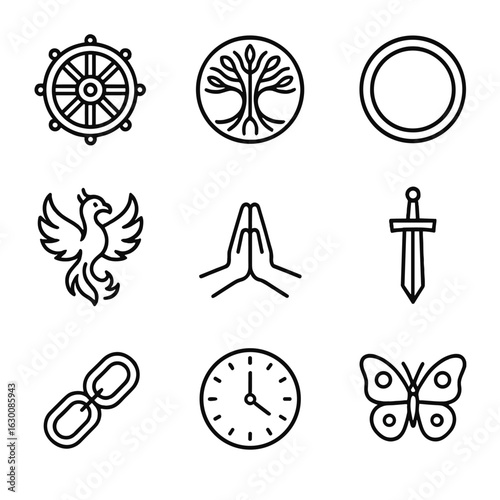 Mystical and Karmic Icons. Outline icon set of mystical destiny: glowing crystal, arcane circle, starry eye, magic wand,