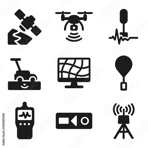 Remote Sensing Icons. Solid, filled icons set of remote sensing and geoscience tech: satellite image, drone,
