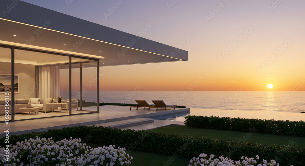 Fototapeta premium Luxury ocean view villa home sunset real estate architecture design modern house residence property lifestyle