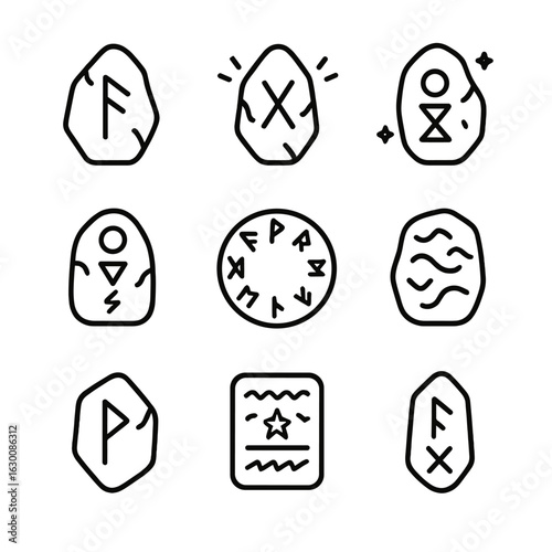 Mystical Runestone Icons. Outline icon set of mystical runestones: enchanted stone, glowing runes, magic symbols, arcane glyphs,