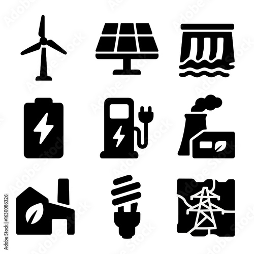 Renewable Energy Icons. Solid, filled icons set of renewable energy innovations: wind rotor, photovoltaic