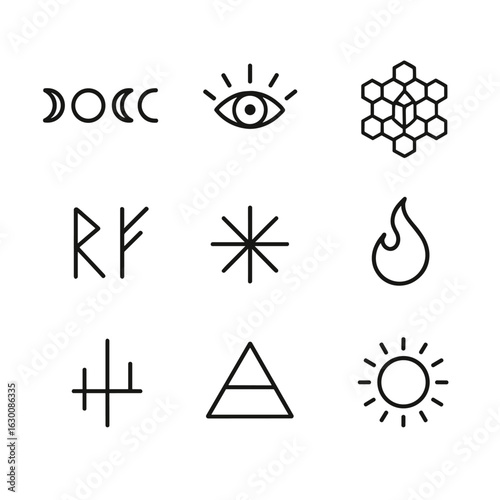 Mystical Symbols Icons. Outline icon set of mystical symbols: moon phases, third eye, crystal grid, runes, starburst, spirit flame