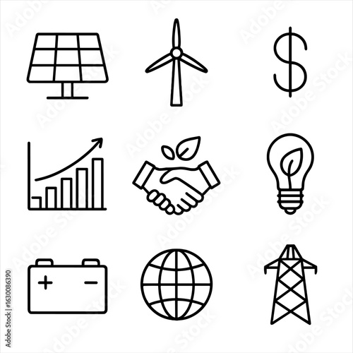 Renewable Energy Icons. Outline icon set of renewable assets: solar panel, windmill, cash symbol, stock graph,