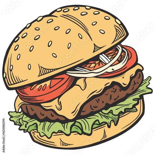 Detailed vector illustration of a classic cheeseburger.