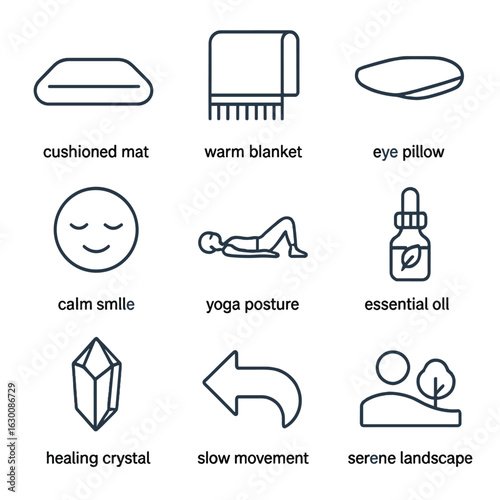 Restorative Yoga Icons. Outline icon set of restorative yoga elements: cushioned mat, warm blanket, eye pillow