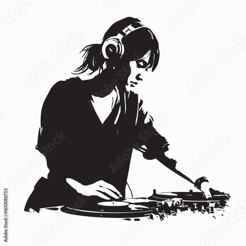 Energetic DJ Woman Mixing Music Live at Nightclub with Headphones and Turntables