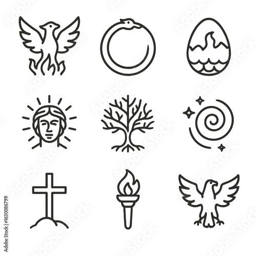 Mythological Rebirth Icons. Outline icon set of mythological rebirth: phoenix rising, ouroboros, dragon egg, sun god, sacred tree,