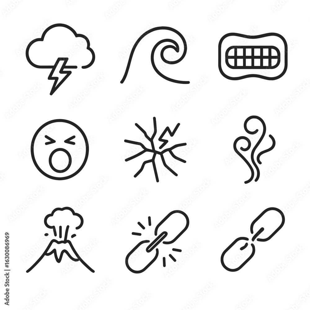Emotional Turbulence Icons. Outline icon set of emotional turbulence: storm cloud, flashing lightning, rolling wave, clenched jaw, Emotional Turbulence Icons. Outline icon set of emotional turbulence: storm cloud, flashing lightning, rolling wave, clenched jaw,
