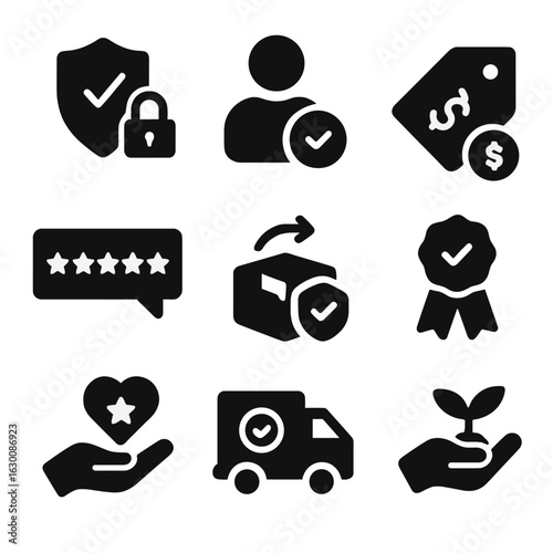 Retail Trust Icons. Solid, filled icons set of Trust-building factors in retail: secure checkout, verified