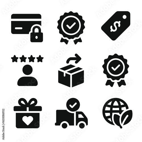 Retail Trust Icons. Solid, filled icons set of Trust-building factors in retail: secure checkout, verified