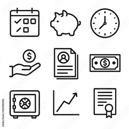 Retirement Icon Set. Outline icon set of retirement planning: calendar, piggy bank, clock, savings, documents,