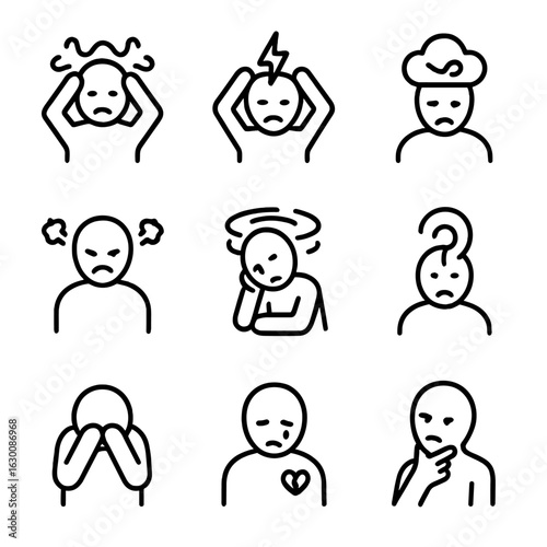 Emotional States Icons. Outline icon set of inner emotional states: overwhelmed, stressed, anxious, furious, restless, confused,