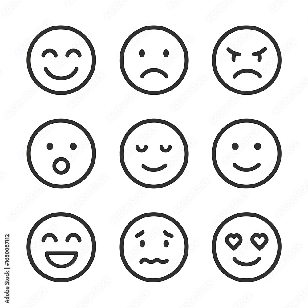 Emotions Icon Set. Outline icon set of emotional change: happiness, sadness, anger, surprise, fear, calmness, excitement, anxiety, Emotions Icon Set. Outline icon set of emotional change: happiness, sadness, anger, surprise, fear, calmness, excitement, anxiety,