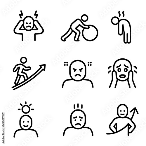Emotive Icon Grid. Outline icon set of struggle emotions: frustration, determination, exhaustion, perseverance, anger, anxiety,