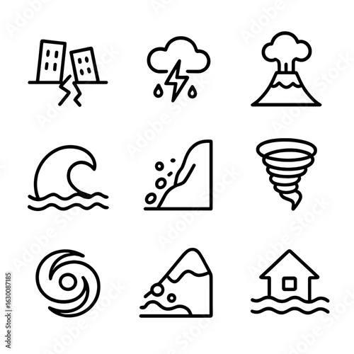 Natural Disaster Icons. Outline icon set of rumble natural events: earthquake, thunderstorm, volcanic eruption, tsunami, landslide