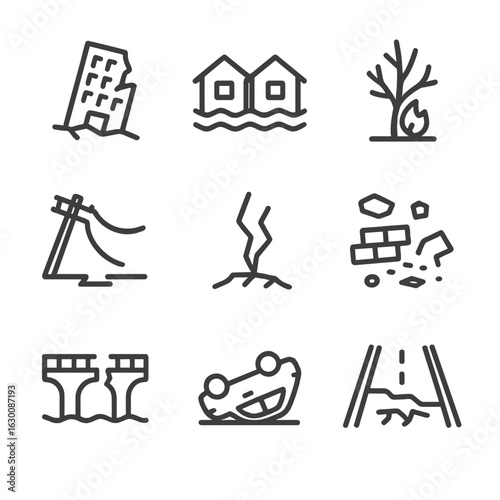 Natural Disaster Icon Set. Outline icon set of natural disaster aftermath: collapsed building, flooded street, burnt tree, broken