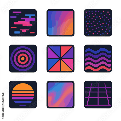 Retro Icons Grid. Solid, filled icons set of abstract retro backgrounds: glitch effect, neon gradients, pixel