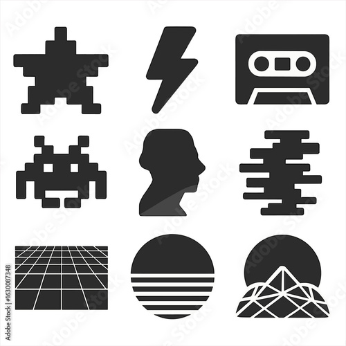 Retro Icons Grid. Solid, filled icons set of vintage design motifs: pixel stars, lightning bolts, cassette