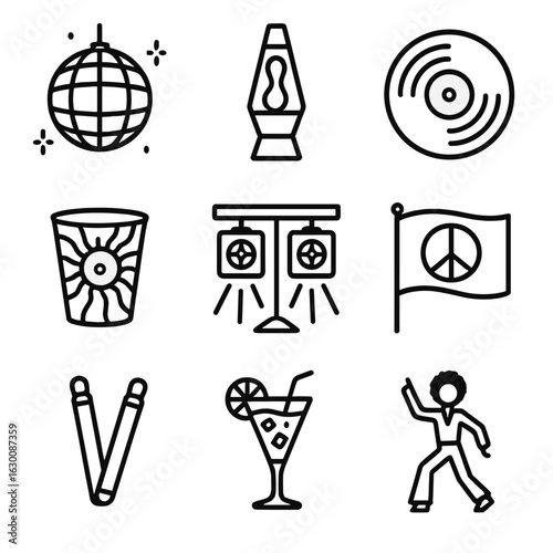 Retro Party Icons. Outline icon set of retro psychedelic parties: disco balls, lava lamps, vinyl records,