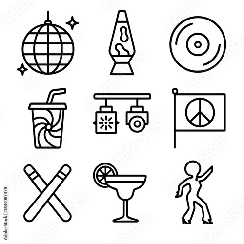 Retro Party Icons. Outline icon set of retro psychedelic parties: disco balls, lava lamps, vinyl records,