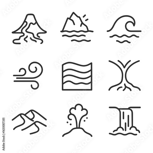 Natural Flow Icons. Outline icon set of natural flow: lava flow, glacier movement, ocean tide, wind swirl, sediment layers, river