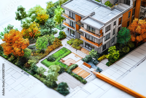 An architect designs a modern residential complex with parking, green parks, and a healthy living environment that harmonizes nature with contemporary architecture.
