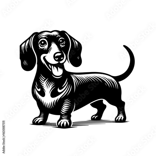 Black and white illustration of a happy dachshund dog isolated on white background