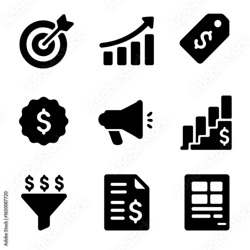 Revenue Planning Icons. Solid, filled icons set of revenue generation planning: sales target, growth graph,