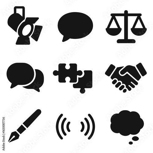 Rhetorical Techniques Icons. Solid, filled icons set of rhetorical techniques: spotlight, speech bubble,