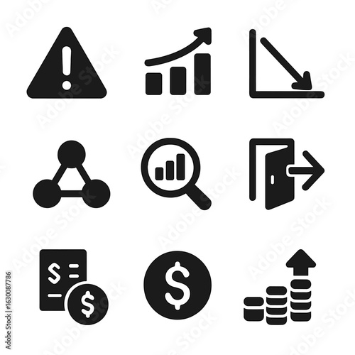 Risk and Reward Icons. Solid, filled icons set of risk and reward: risk warning, profit growth, loss graph,