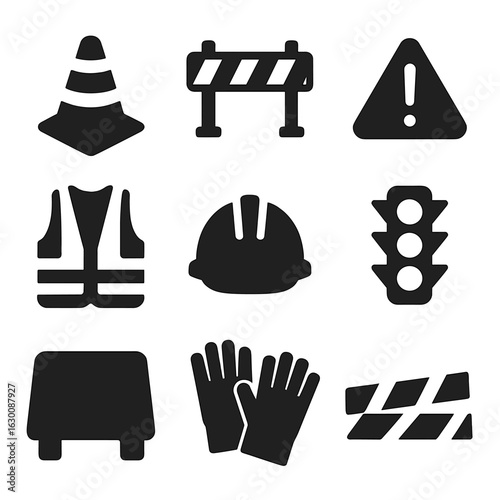Road Safety Icons. Solid, filled icons set of construction cone and road safety: construction cone, barricade,