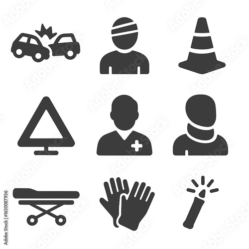 Roadside Accident Icons. Solid, filled icons set of roadside accident care: crash site, injured driver,