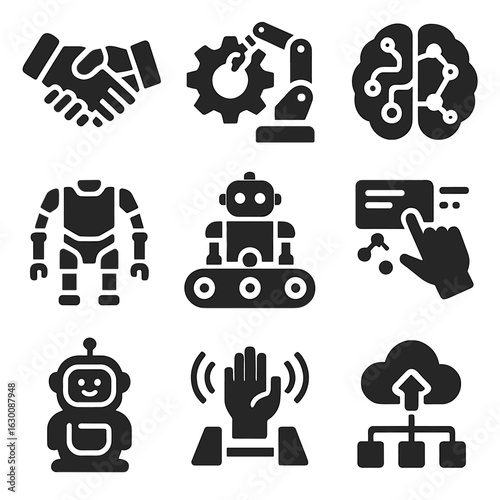 Robotic Collaboration Icons. Solid, filled icons set of robotic workplace collaboration: robot hand shake,