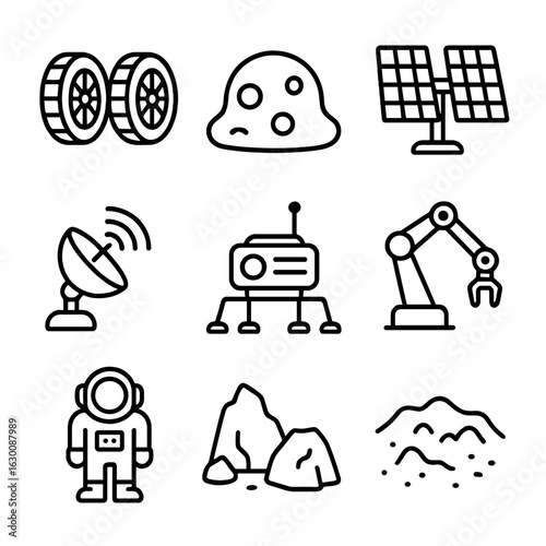 Robotic Explorer Icons. Outline icon set of robotic planetary explorer: rover wheels, moon surface, solar