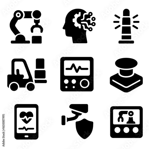 Robotic Roles Icons Grid. Solid, filled icons set of robotic co-worker roles: collaborative robot, AI