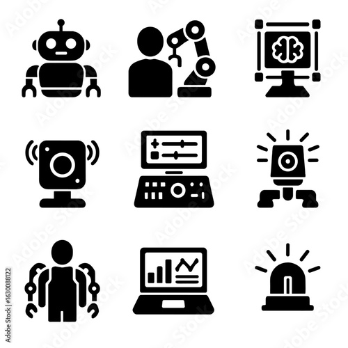 Robotics Icon Set. Solid, filled icons set of robotics in collaborative environments: robotic assistant, human