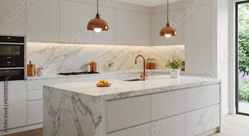Modern kitchen design with island marble countertop and copper lighting fixtures in luxury home interior decor