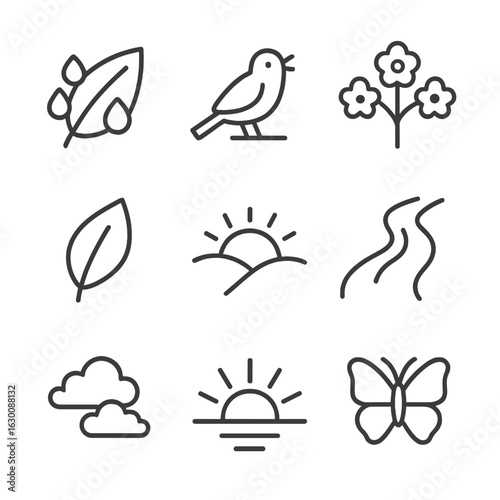 Nature Awakening Icons. Outline icon set of awakening nature: morning dew, chirping bird, blooming tree, fresh leaf, sunrise over